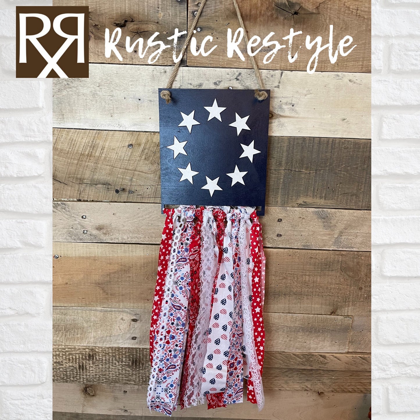 USA Patriotic rag flag, red, white, and Blue American flag door hanger wall decor