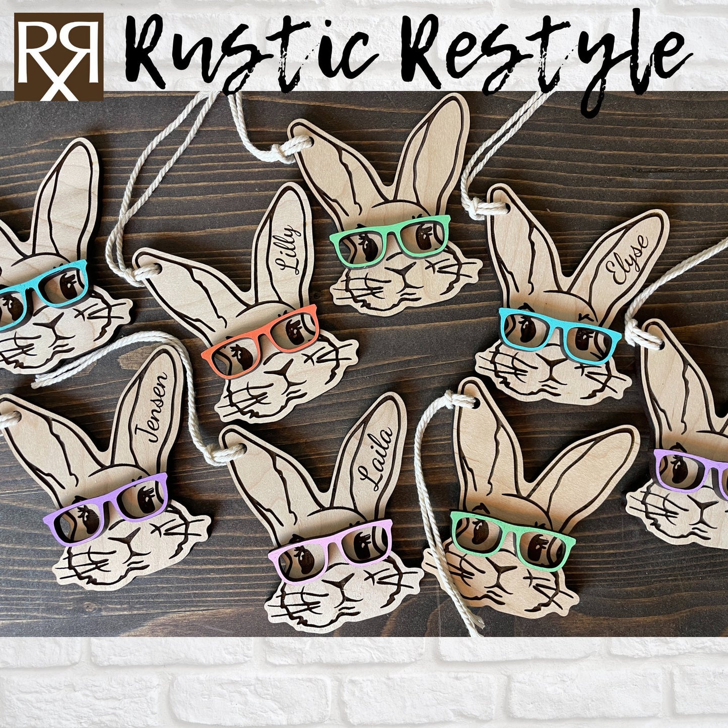Custom wooden Easter Basket Bunny with glasses personalized name Tags