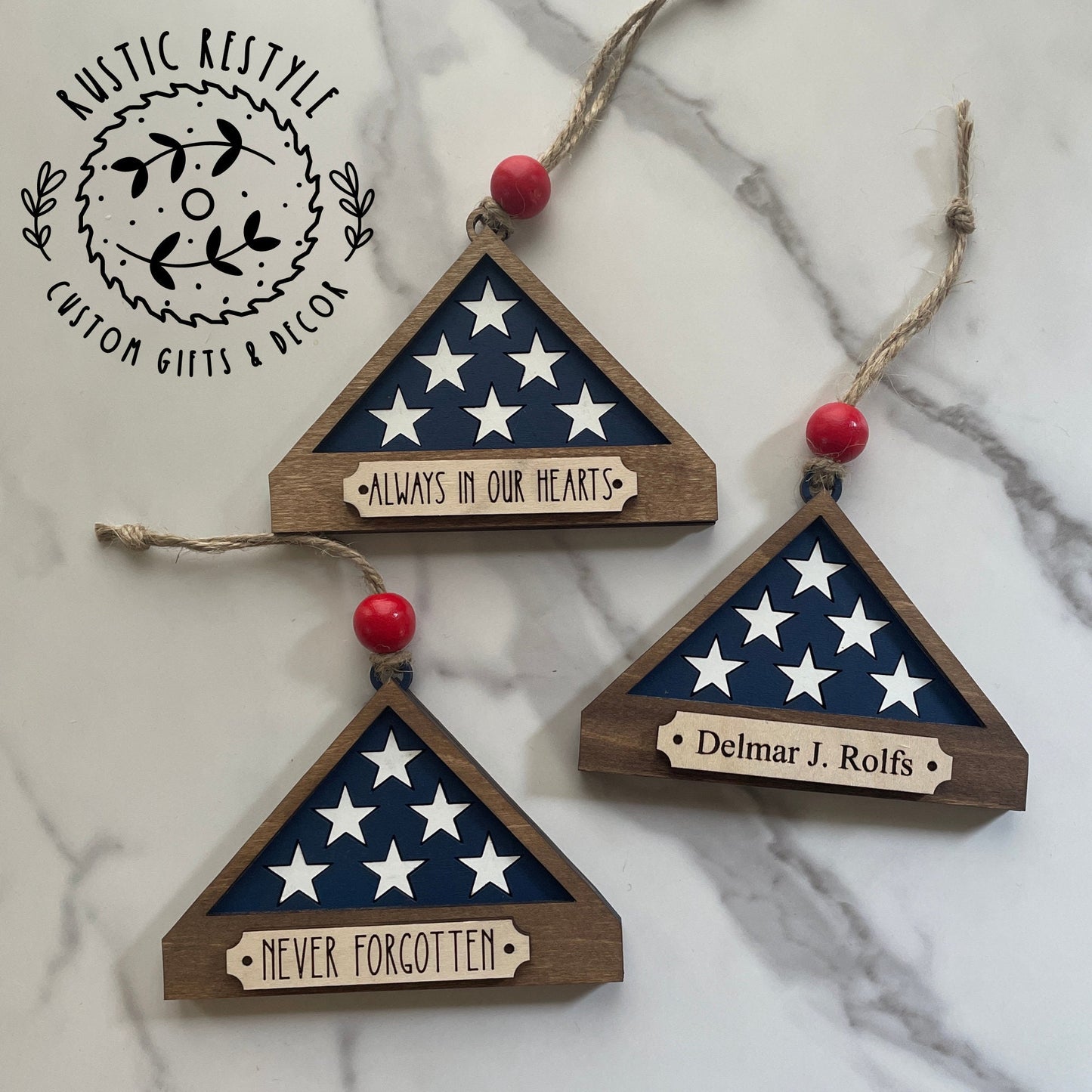 Military flag Memorial day ornament, personalized Memorial Ornament with engraved names