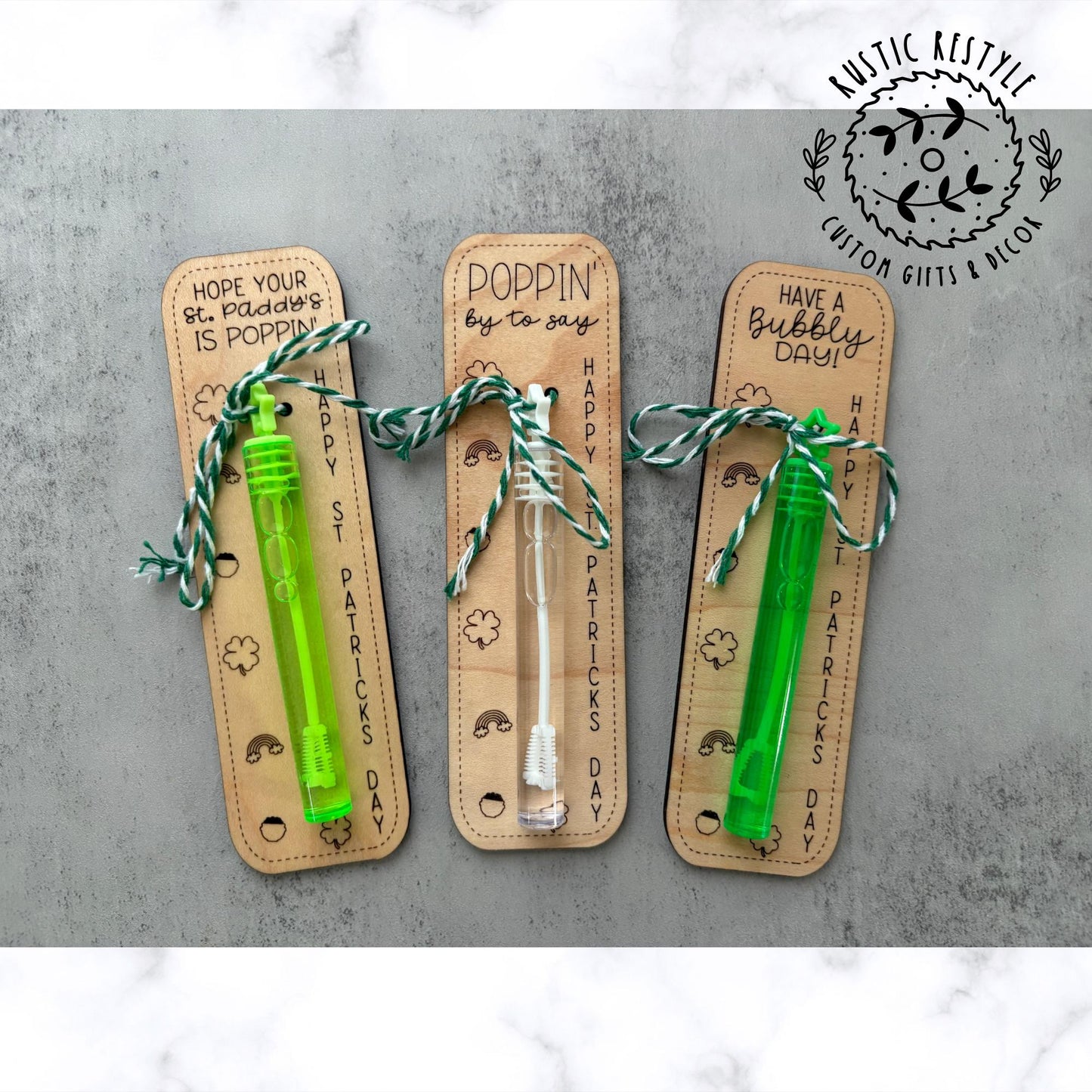Classroom bubbles St Patrick's Day favors, Personalized wooden party favor gifts