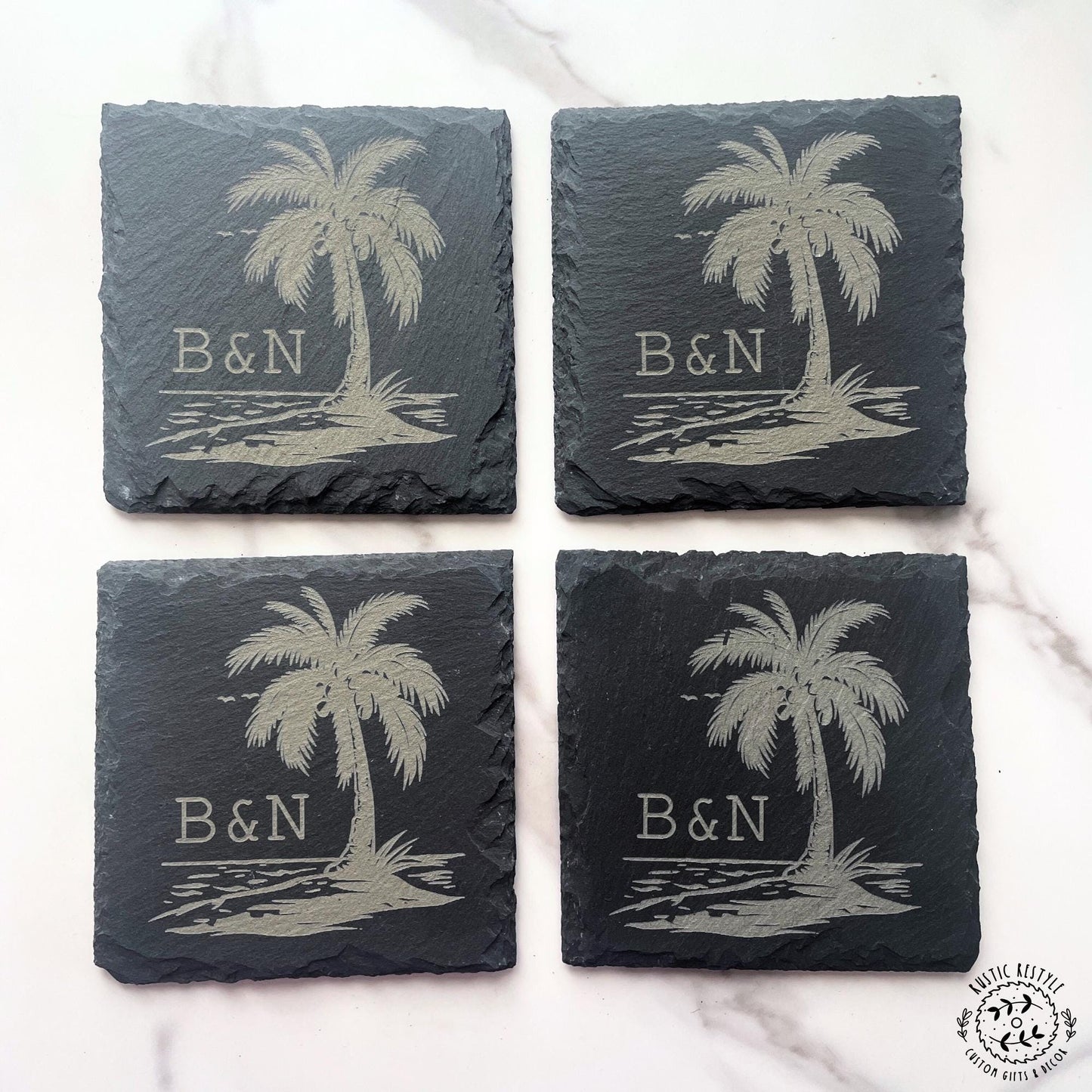 Custom palm tree with initials coaster design, set of 4 Slate Coasters