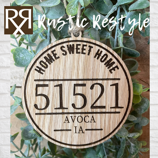 Wood engraved Zip code ornament, Customizable to your chosen Zip code