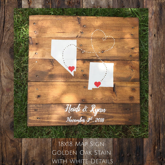 2 State Love Map-Rustic Signs-Wood State Sign-Love Story Art-Custom Location Art-Wedding Gift-Engagement Gift-Couples Gift-Long Distance Map
