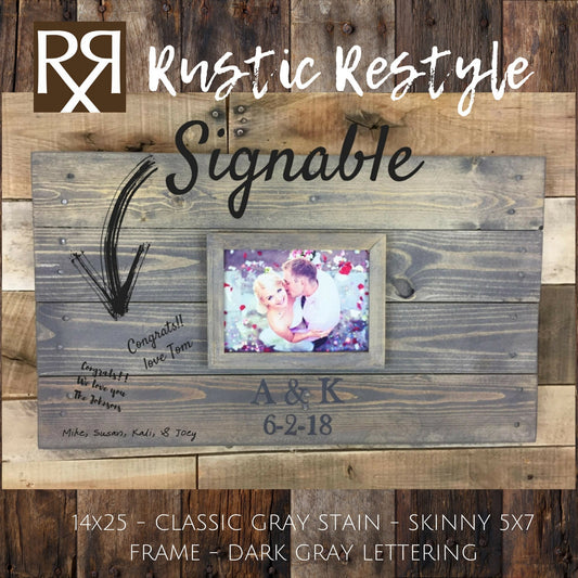 14X25 small wedding Guest book Alternative in classic gray stain with 5x7 photo frame, wooden decor for reception