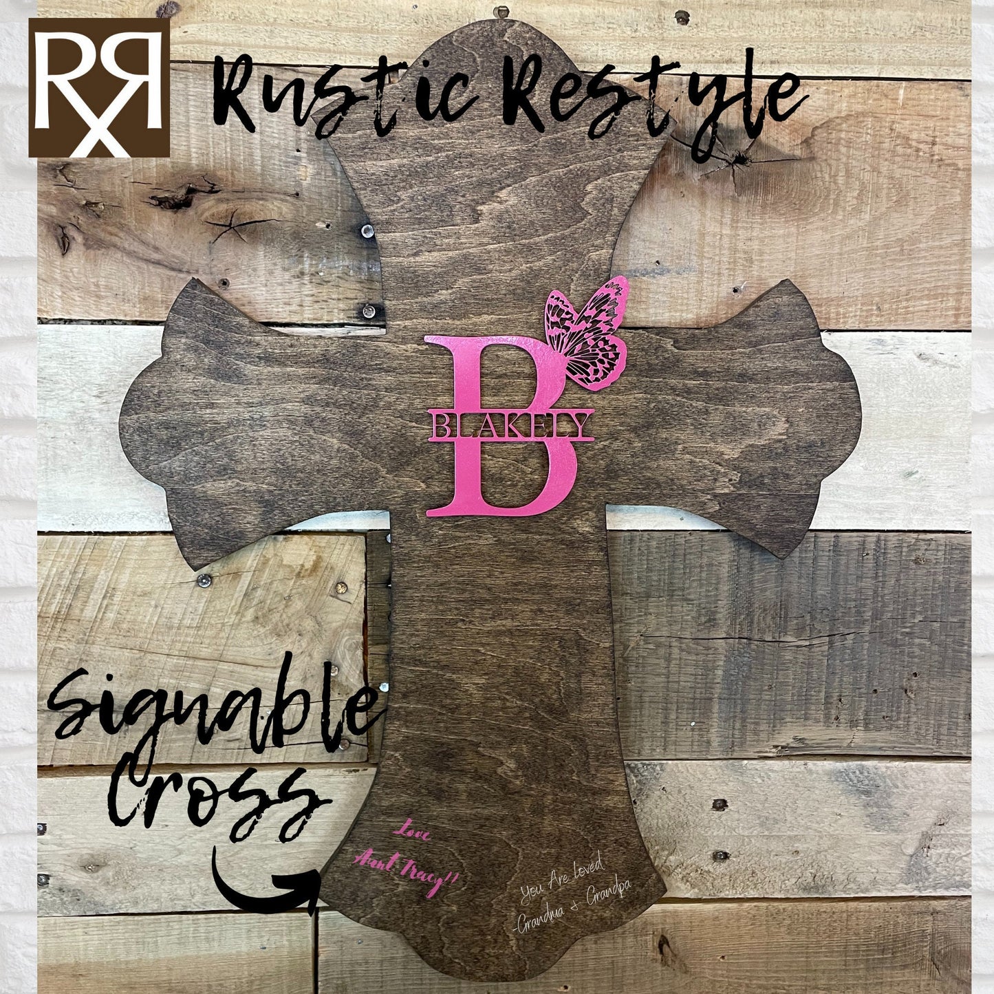 Personalized wooden cross, Baptism and confirmation sign-able crosses, Pink butterfly monogram confirmation keepsake gift