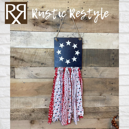 USA Patriotic rag flag, red, white, and Blue American flag door hanger wall decor