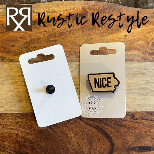 Iowa nice wooden pin, backpack and lapel pin