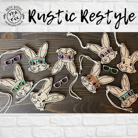 Custom wooden Easter Basket Bunny with glasses personalized name Tags