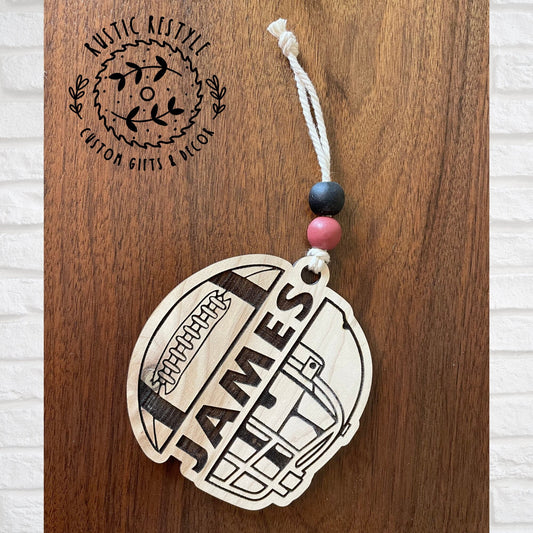 Personalized football helmet ornament, wood Christmas ornament gift