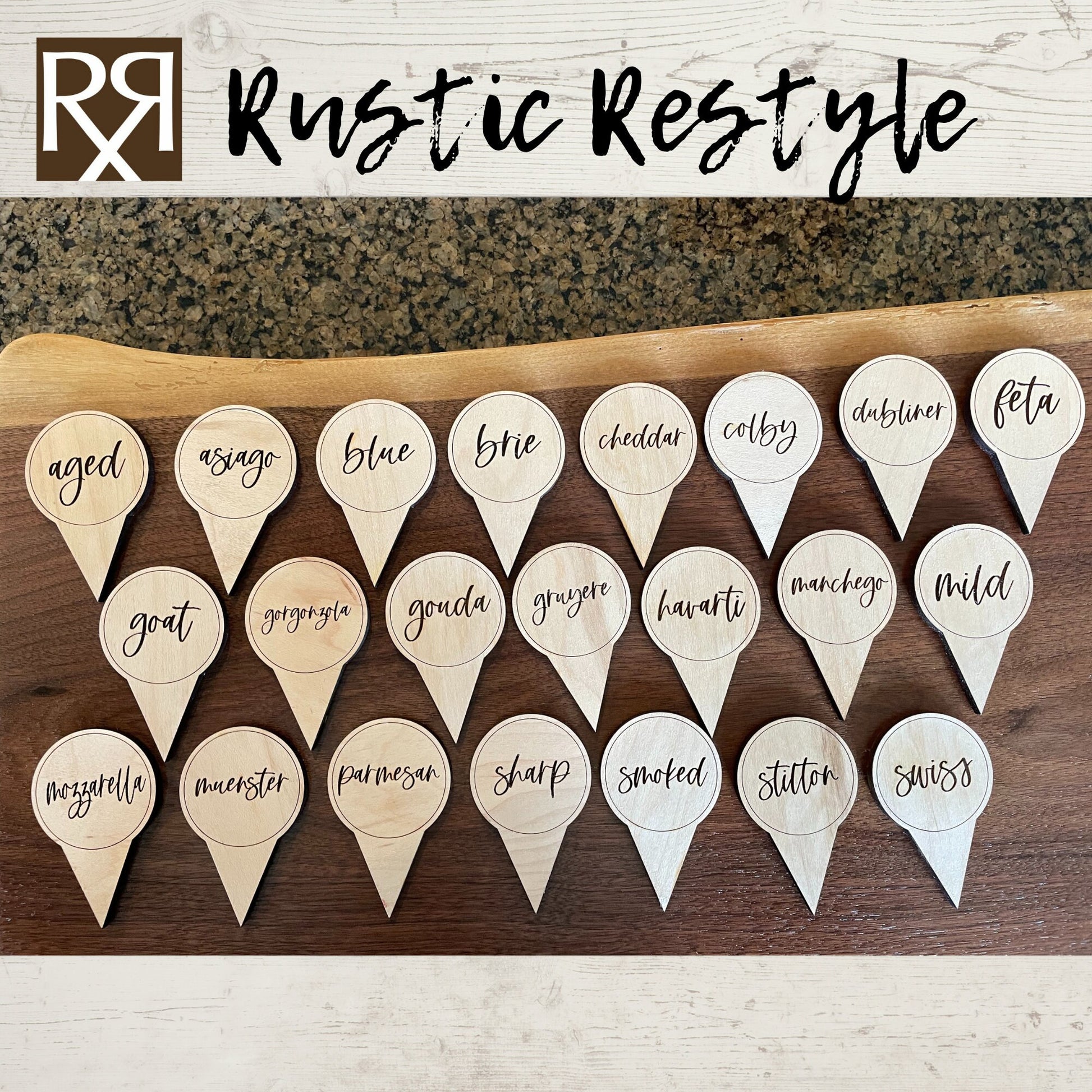 22 Cheese Marker set for Charcuterie boards, wooden engraved cheese board picks,