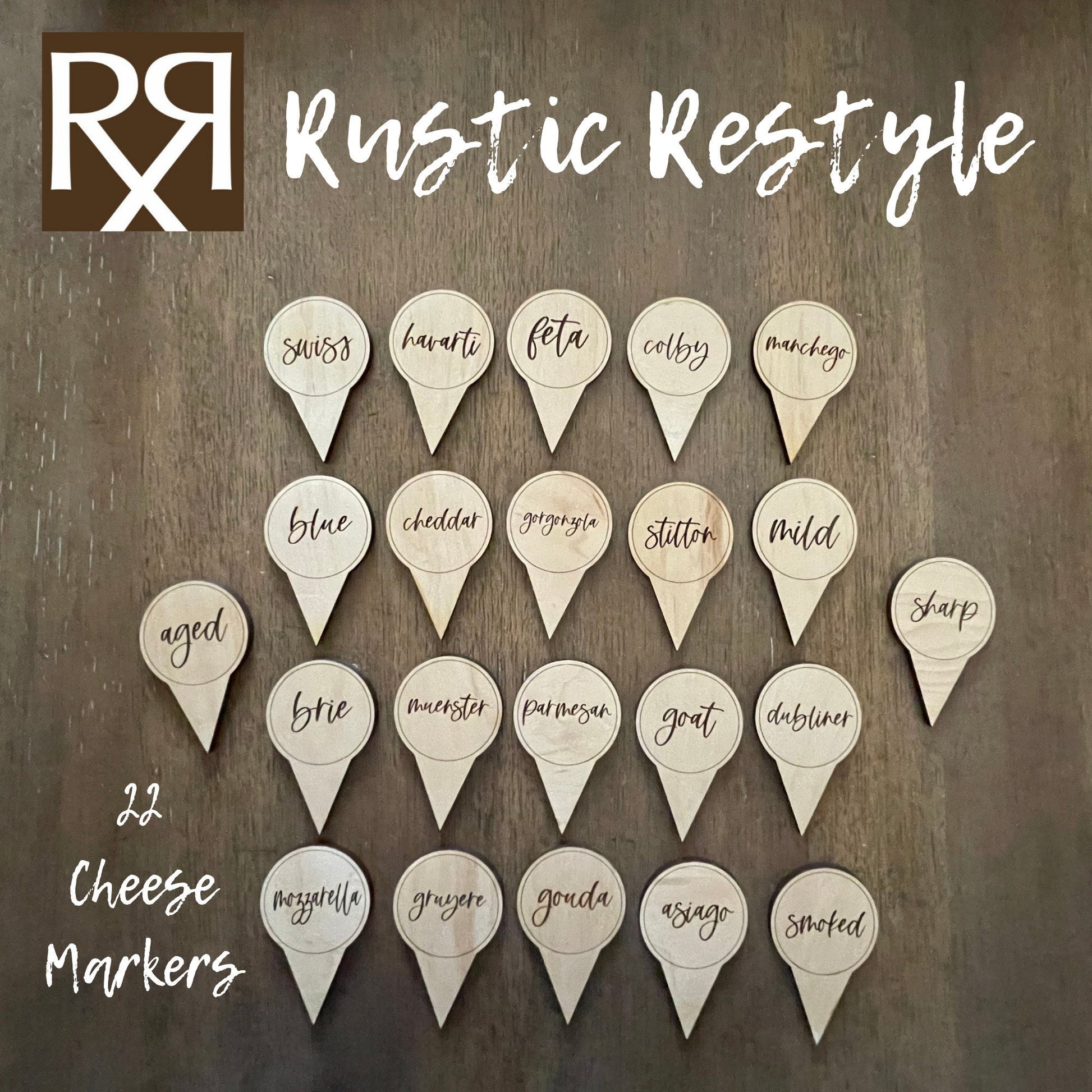 22 Cheese Marker set for Charcuterie boards, wooden engraved cheese board picks,