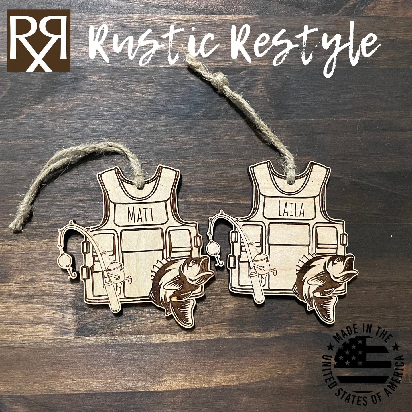 Wooden Fishing ornament, Personalized fishing vest with bass Christmas tree ornament