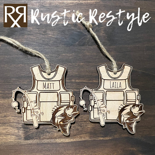 Wooden Fishing ornament, Personalized fishing vest with bass Christmas tree ornament