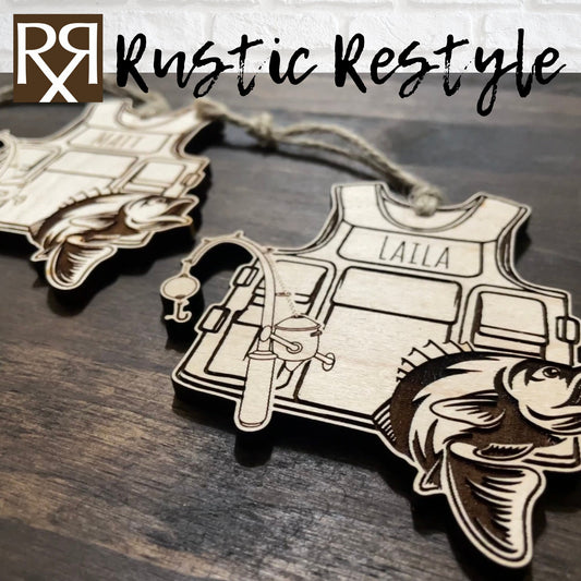 Wooden Fishing ornament, Personalized fishing vest with bass Christmas tree ornament