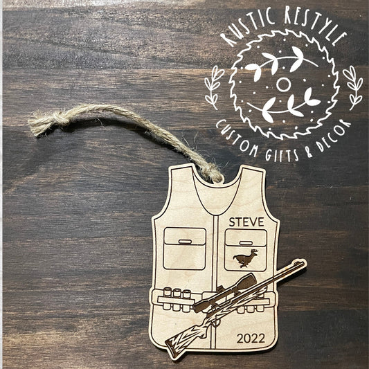 Deer hunting vest ornament, Personalized hunting vest with gun Christmas tree ornament