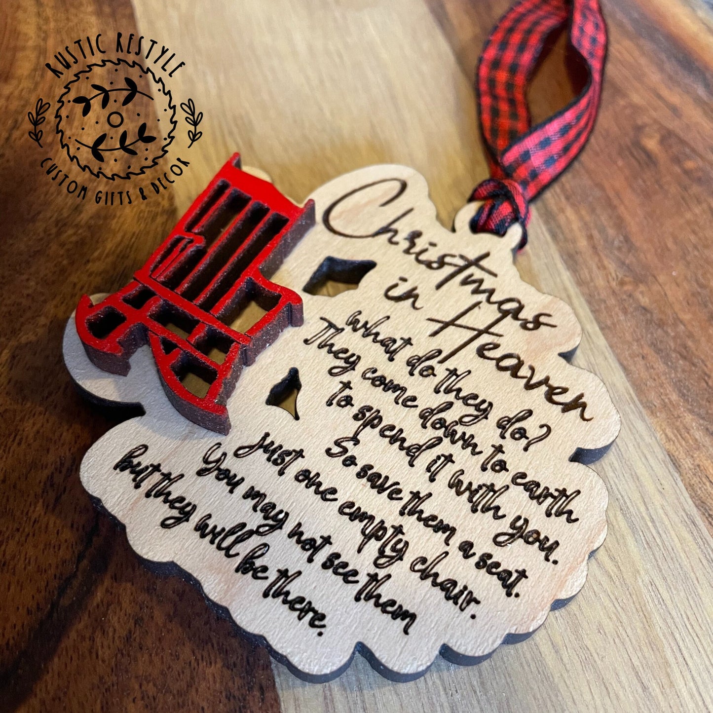 Christmas in heaven chair ornament, wooden Red chair Christmas tree ornament