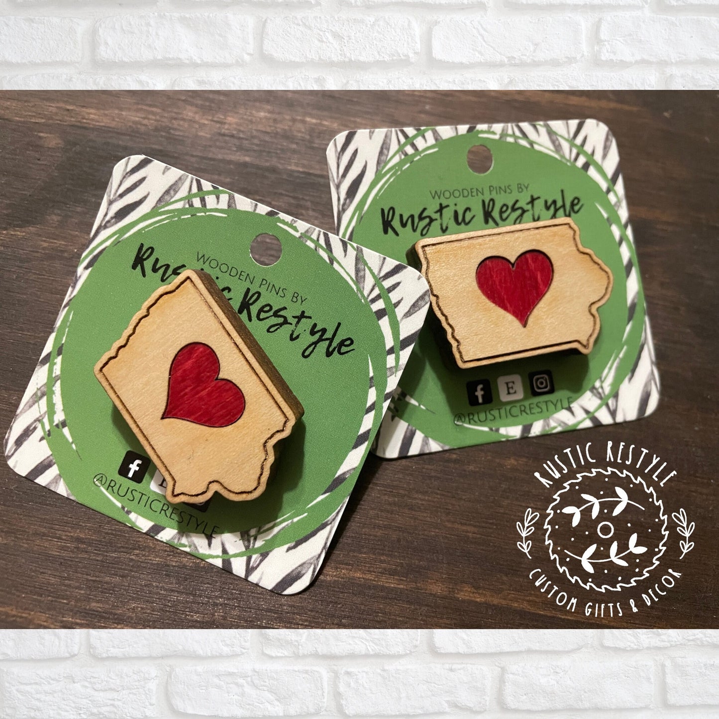 Iowa heart wooden pin, backpack and lapel pin