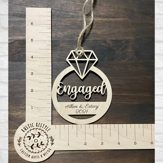 Engagement ring ornament, Personalized wood Christmas ornament gift