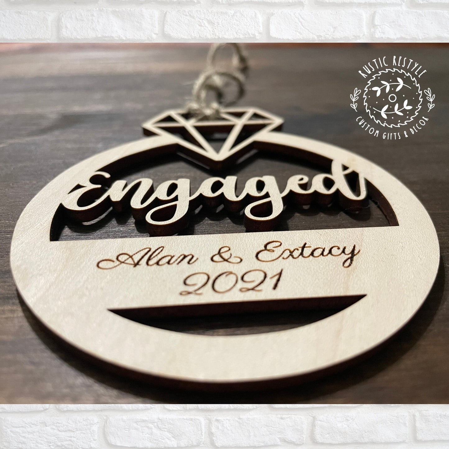 Engagement ring ornament, Personalized wood Christmas ornament gift