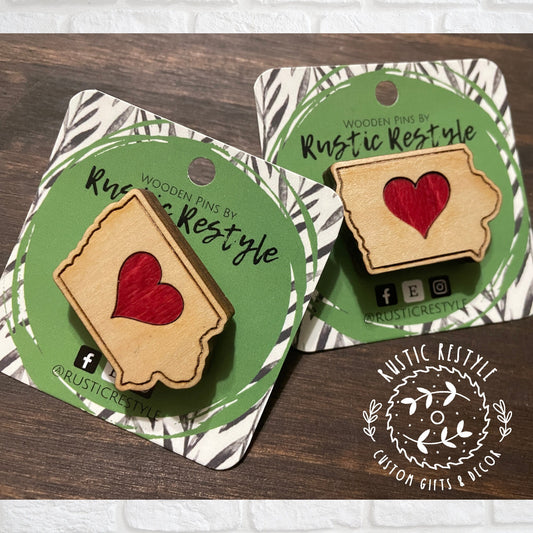 Iowa heart wooden pin, backpack and lapel pin