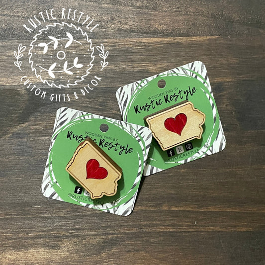 Iowa heart wooden pin, backpack and lapel pin