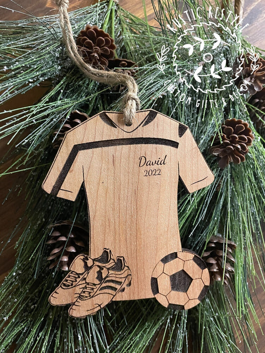 Soccer Ornament, Personalized soccer jersey with cleats and soccer ball