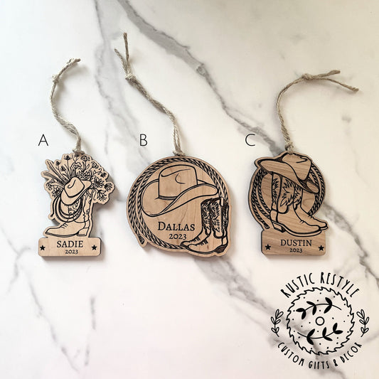 Cowboy or cowgirl personalized Ornament, rodeo roping Ornament, hat and boots and rope