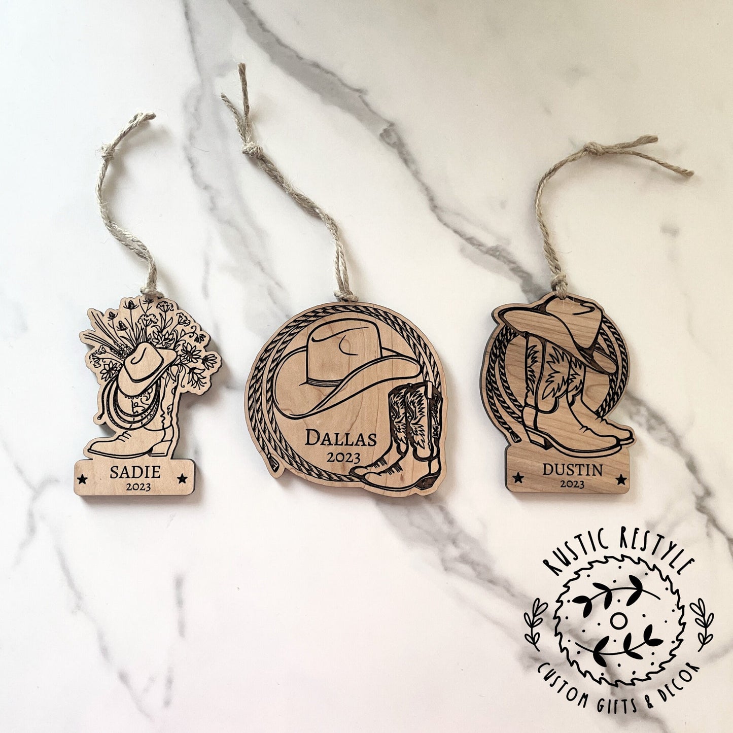 Cowboy or cowgirl personalized Ornament, rodeo roping Ornament, hat and boots and rope