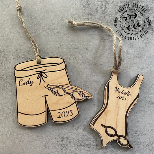 Swimming Christmas Ornament, Personalized swimming trunks or swim suit with goggles