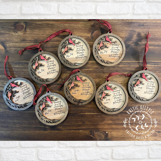 cardinal tree Remembrance ornament, a 4inch remembrance Christmas ornament that can be personalized with engraved names on the back
