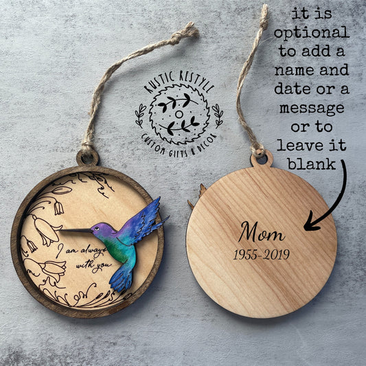 Memorial Hummingbird Remembrance ornament, 4 inch handpainted hummingbird Ornament can be personalized with an engraved name on the back