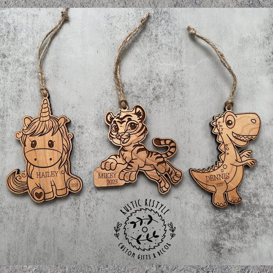 Little kids Christmas ornament, Tiger, Dinosaur, or Unicorn