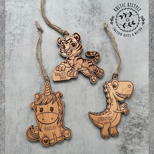 Little kids Christmas ornament, Tiger, Dinosaur, or Unicorn