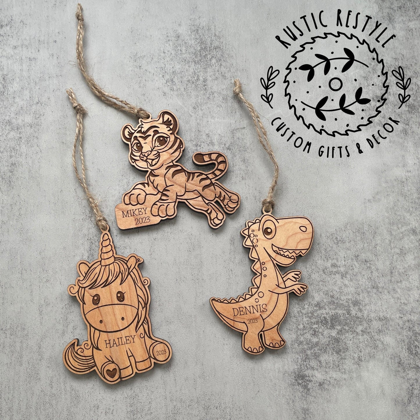 Little kids Christmas ornament, Tiger, Dinosaur, or Unicorn