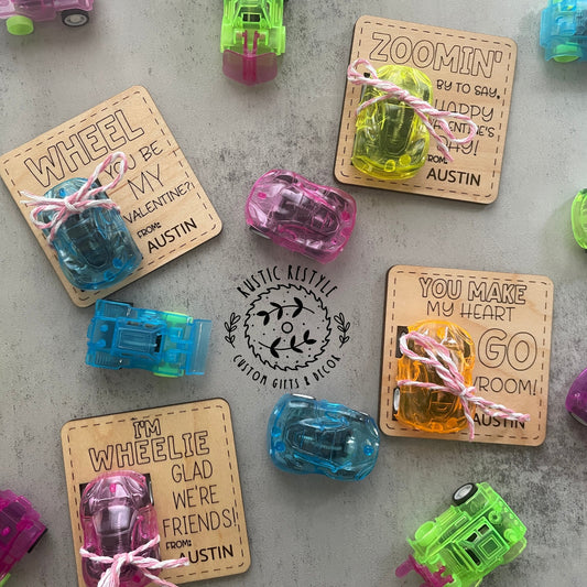 Classroom pull-back wheelie car Valentines, Personalized wooden Valentine's Day gift