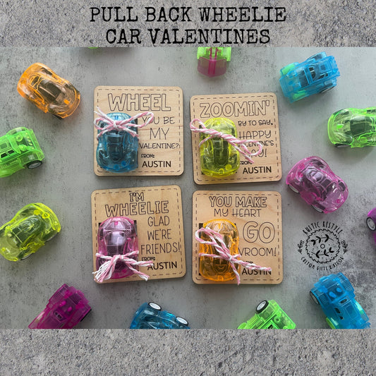 Classroom pull-back wheelie car Valentines, Personalized wooden Valentine's Day gift
