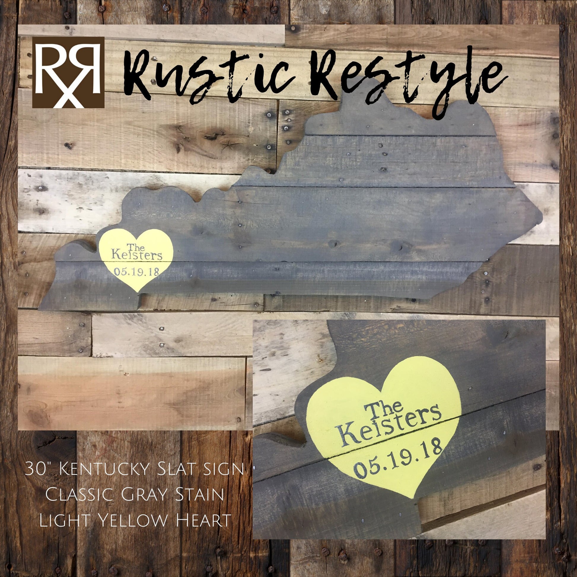 A Gray Kentucky-shaped wood sign hanging on a wooden wall. With horizontal wood slats with nail holes showing. A light yellow heart is painted near the top center with the name The Kelsters and date painted on it. A close up view of heart in lower rt