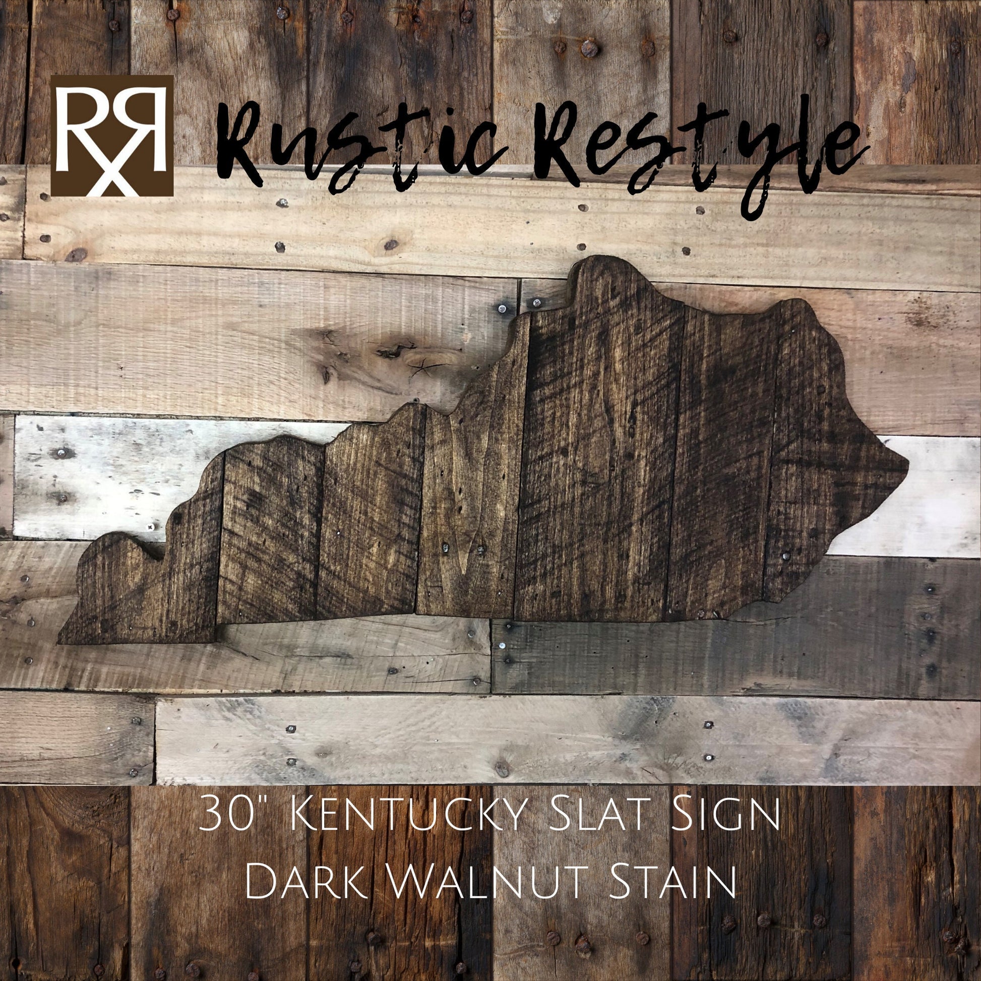 Blank Kentucky-shaped wood sign hanging on a wood wall. Vertical wood slats with nail holes showing.