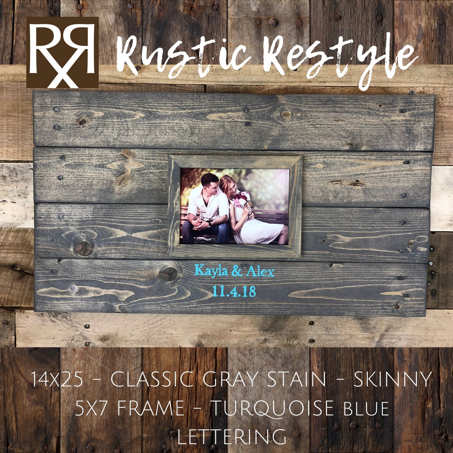 14X25 small wedding Guest book Alternative in classic gray stain with 5x7 photo frame, wooden decor for reception