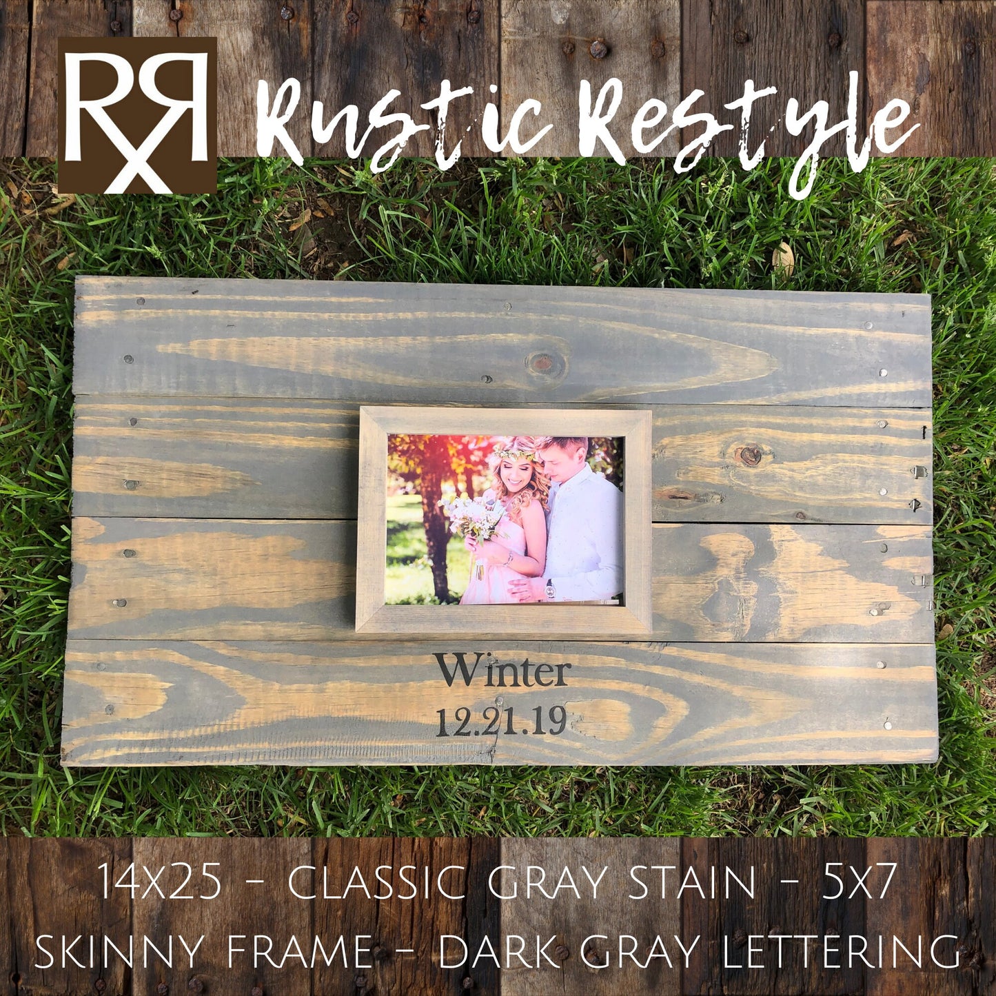 14X25 small wedding Guest book Alternative in classic gray stain with 5x7 photo frame, wooden decor for reception
