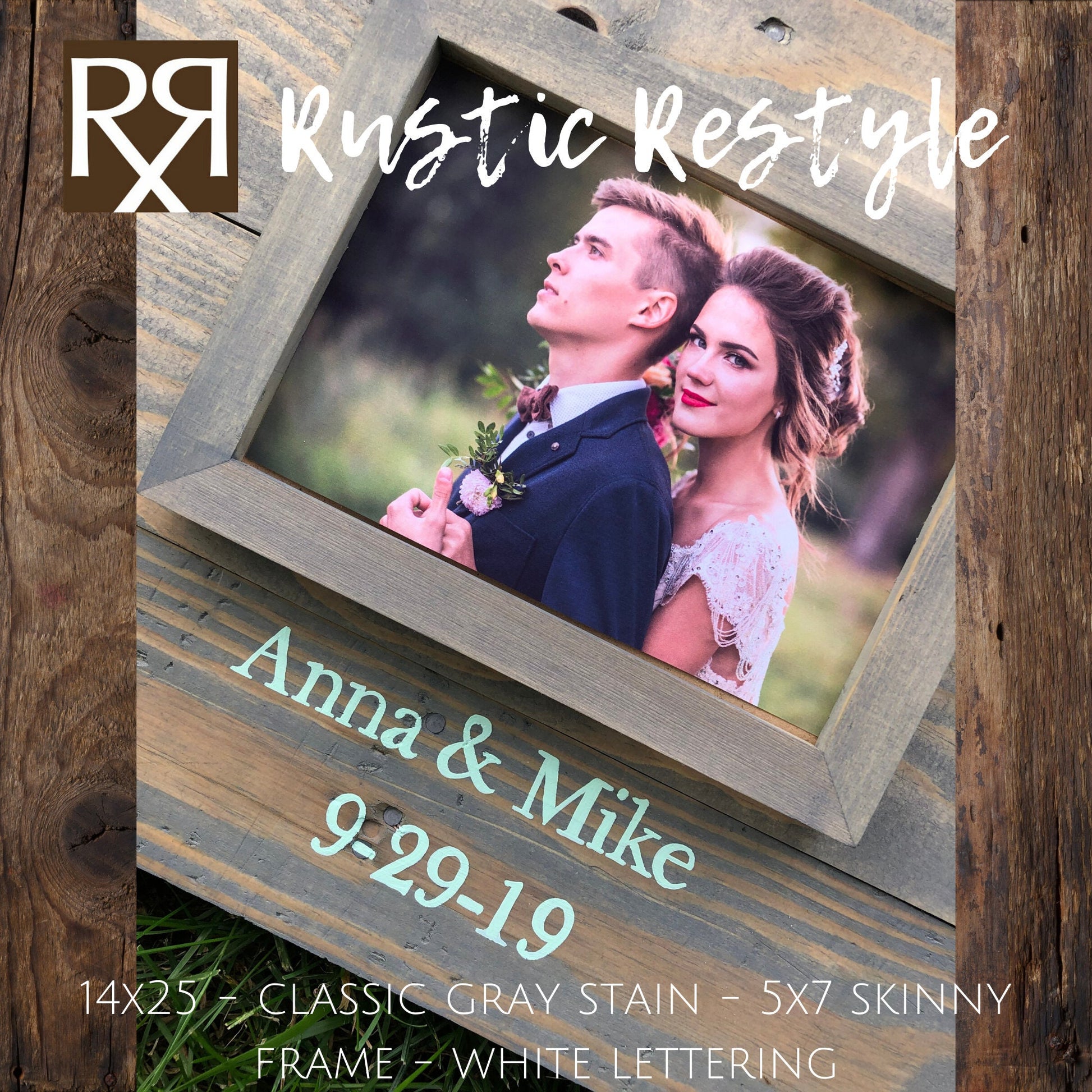 14X25 small wedding Guest book Alternative in classic gray stain with 5x7 photo frame, wooden decor for reception
