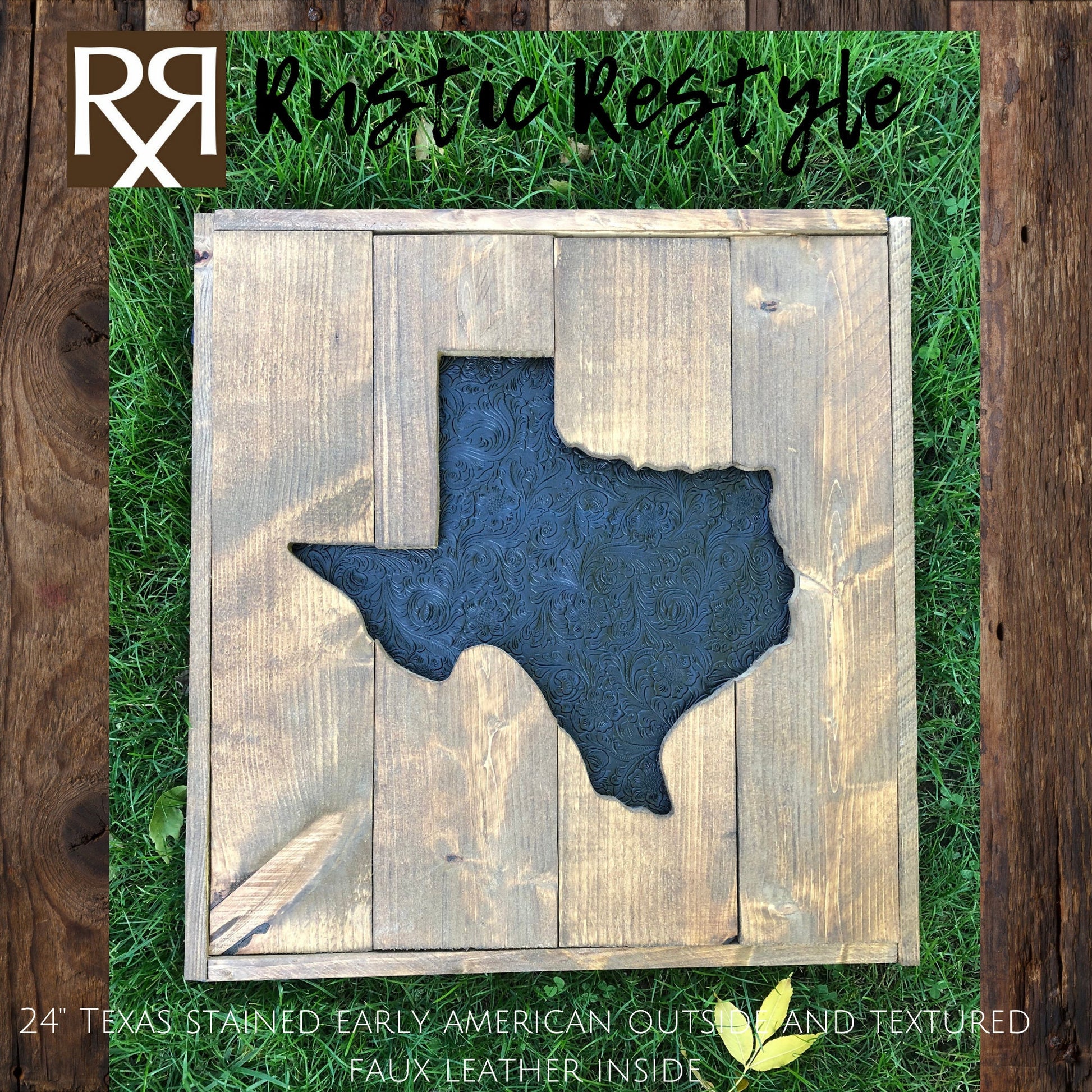 Large square wood sign with a texas shape cut out of the middle laying flat in the grass. The center Texas is recessed in and covered in faux black tooled leather.