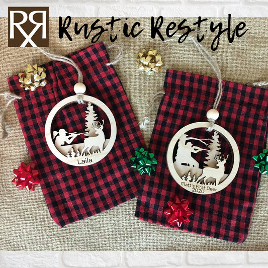 Deer hunting Ornament, Girl or Guy Hunter, engraved Christmas tree ornament, personalized Hunting gift