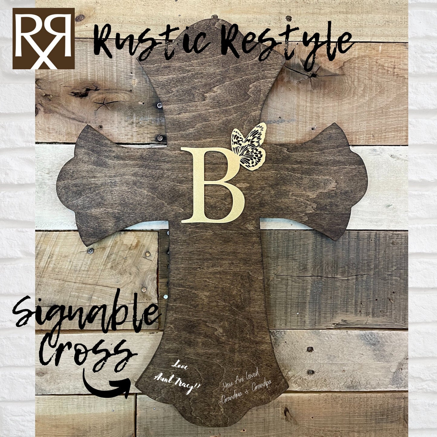 Last Name butterfly monogram Personalized wooden signable crosses, Family keepsake