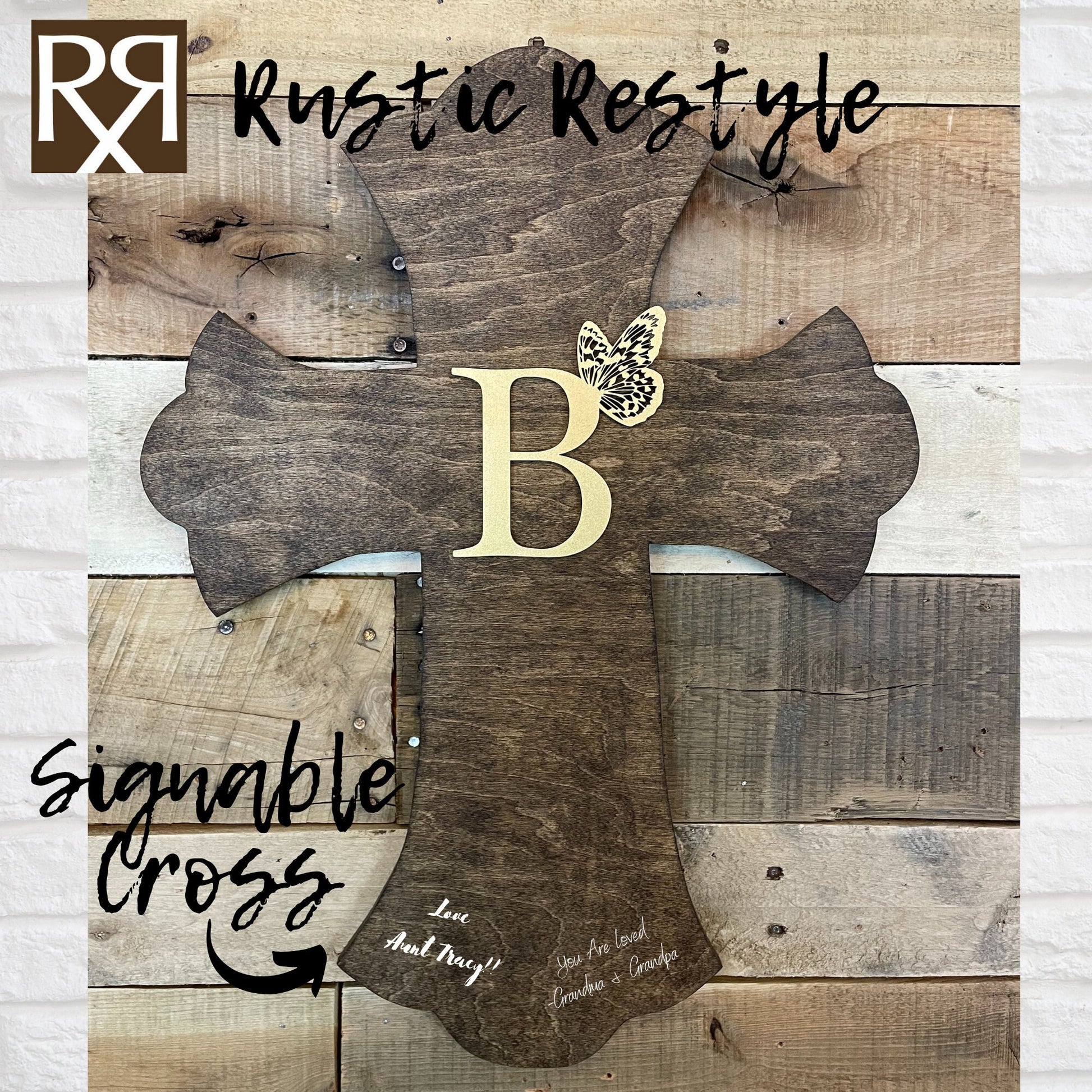 Last Name butterfly monogram Personalized wooden signable crosses, Family keepsake