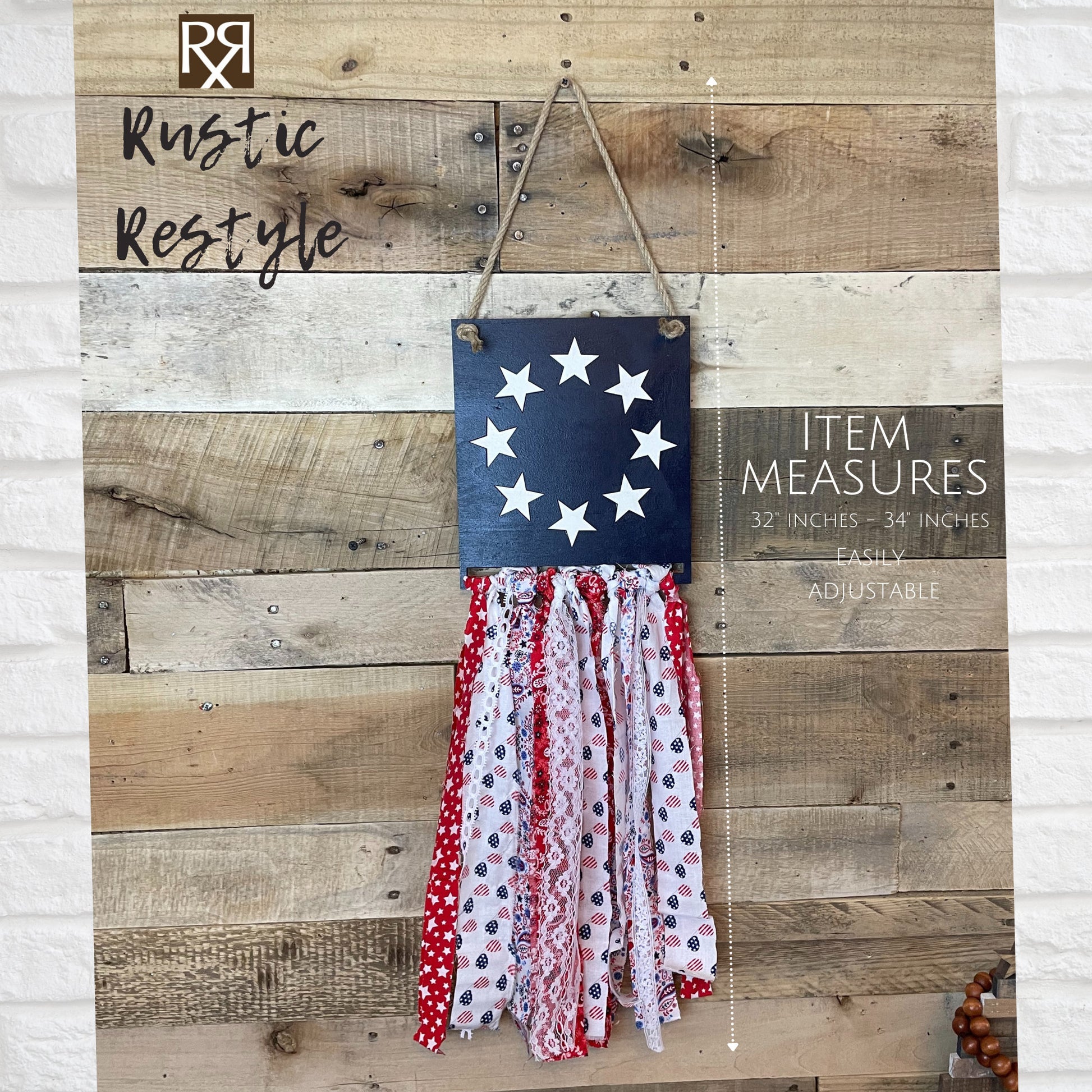 USA Patriotic rag flag, red, white, and Blue American flag door hanger wall decor