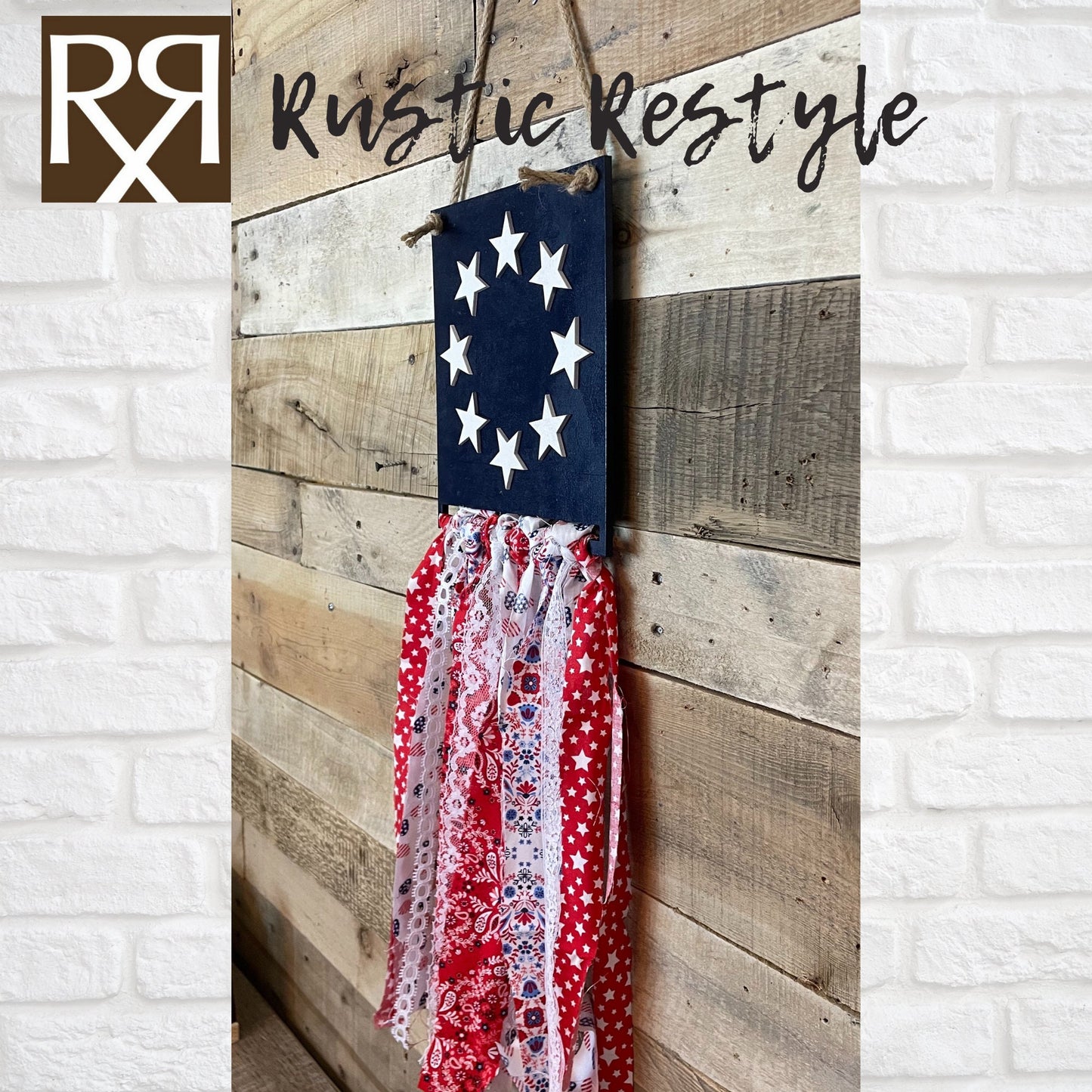 USA Patriotic rag flag, red, white, and Blue American flag door hanger wall decor