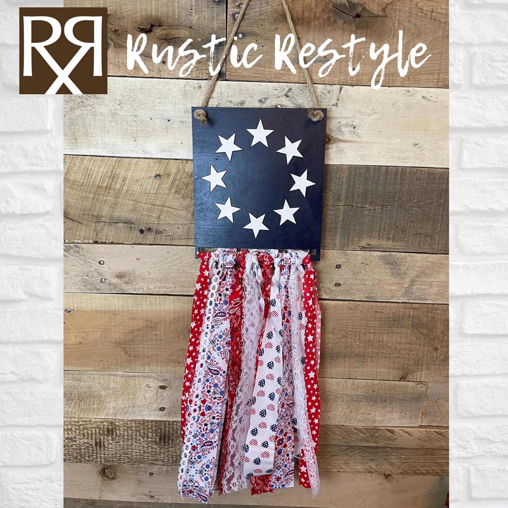 USA Patriotic rag flag, red, white, and Blue American flag door hanger wall decor