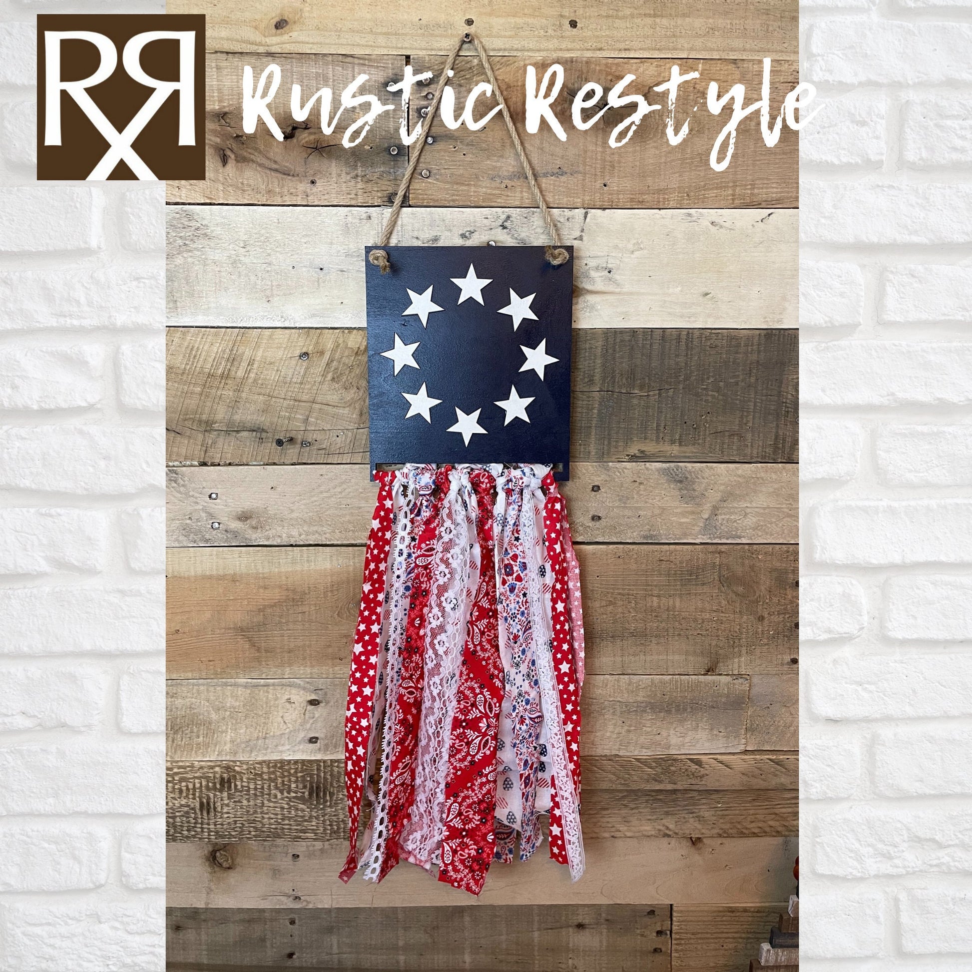 USA Patriotic rag flag, red, white, and Blue American flag door hanger wall decor