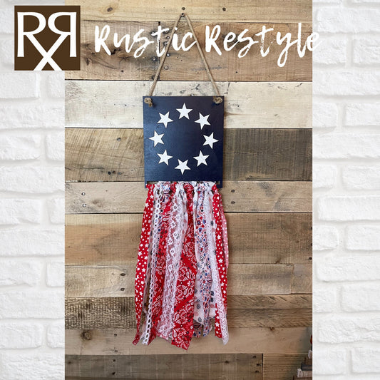 USA Patriotic rag flag, red, white, and Blue American flag door hanger wall decor